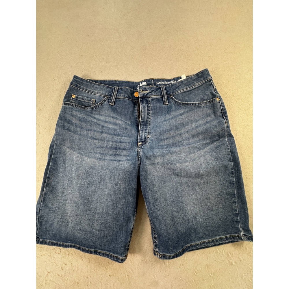 Lee Riders Womens Mid Rise Bermuda Shorts 16M Blue Denim Dark Wash Stretch